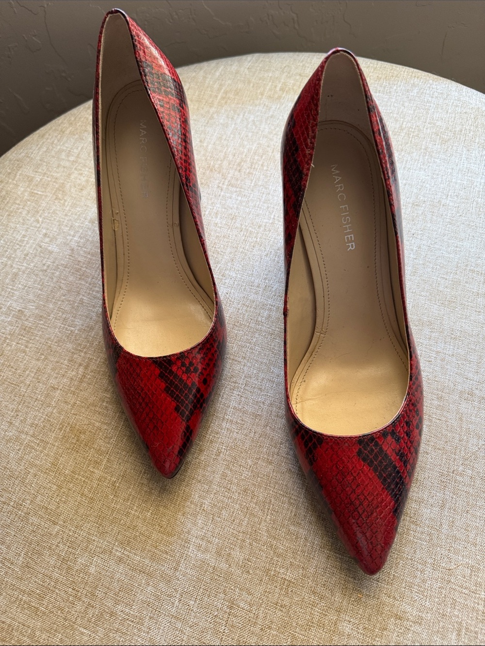 Marc Fisher Red and Black Snake-Print Pointed Pumps 7 1/2 M worn once